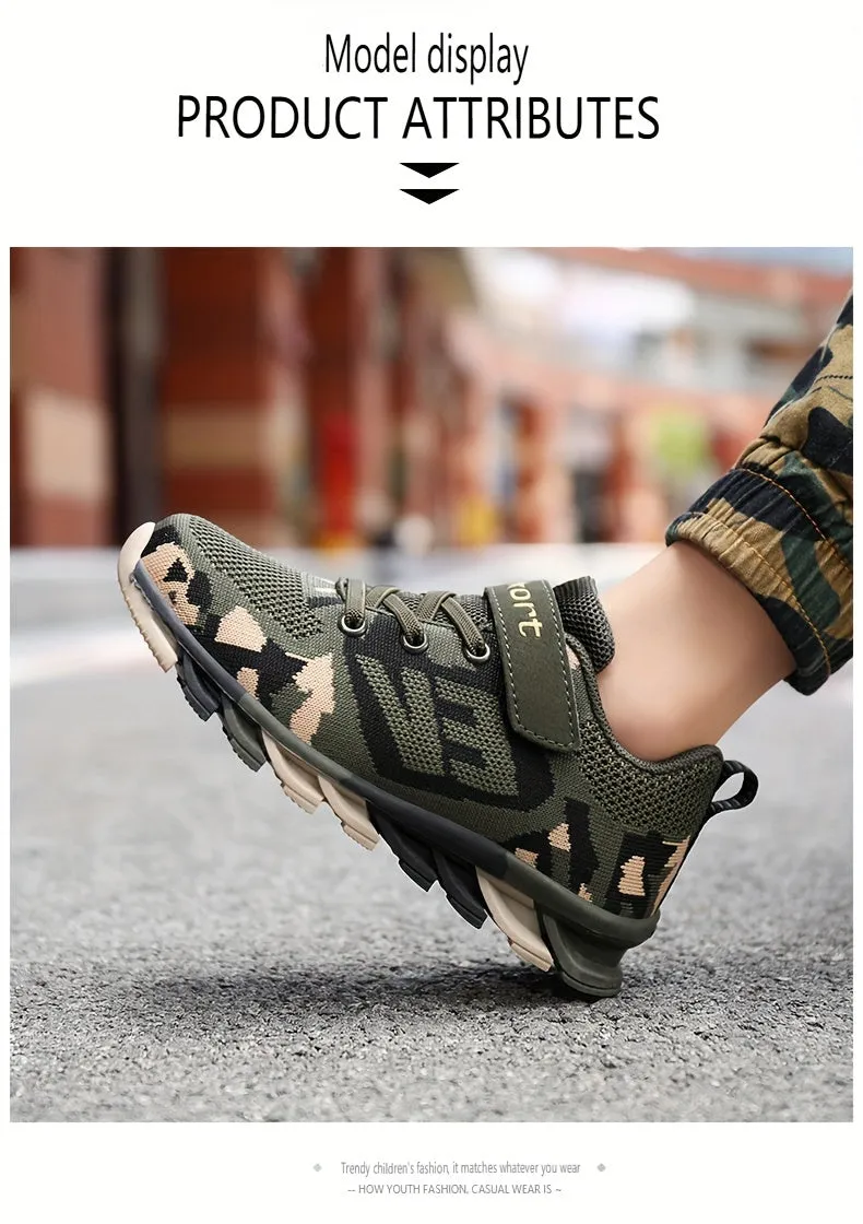 Boy's Trendy Camouflage Mesh Breathable Sneakers, Comfy Non-Slip Soft Sole Running Shoes