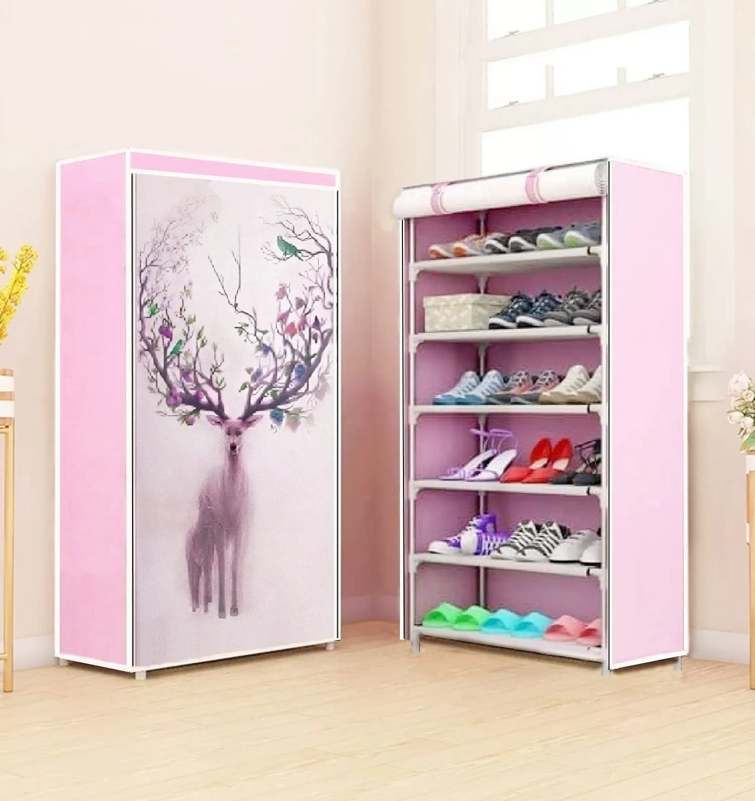 CMerchants Multipurpose Home Utility Portable Space Saving 6 Layer Nature Animal Print Shoe Rack Organizer Stand Pink