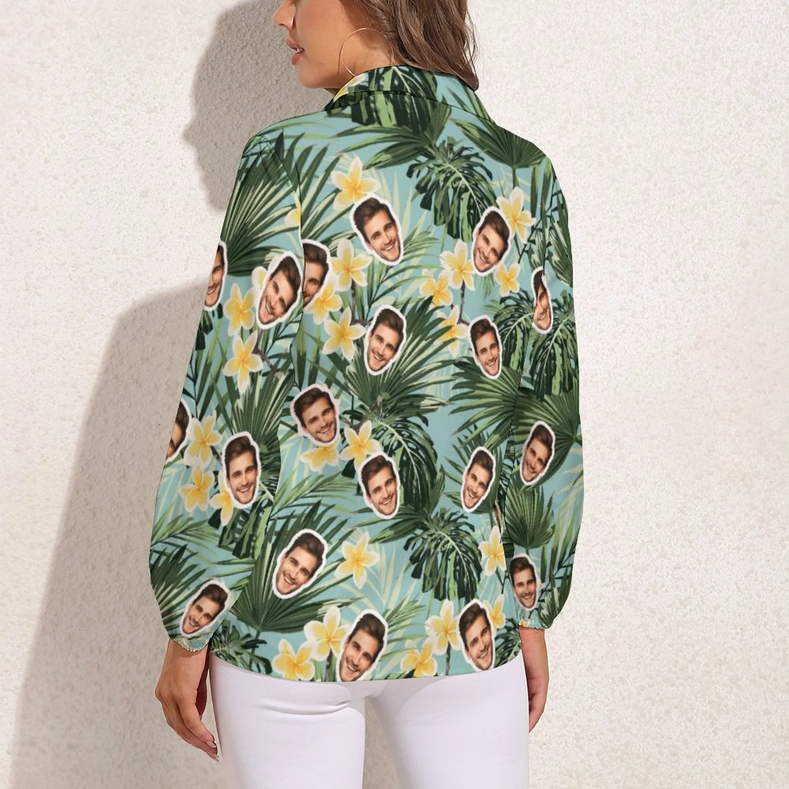 Custom Face Green Leaves Vntage Casual Long Sleeve Hawaiian Shirts