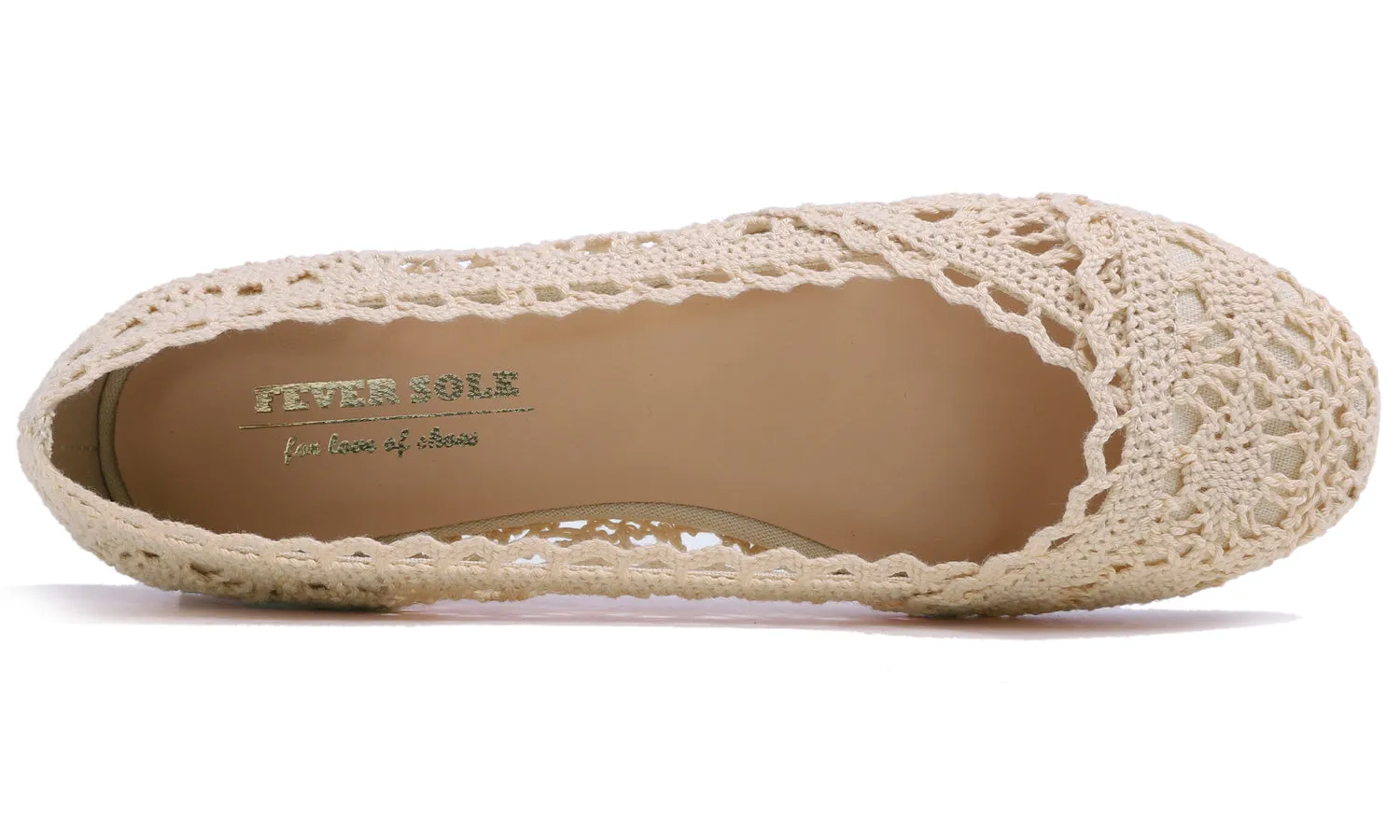 Feversole Round Toe Lace Ballet Crochet Flats Women's Comfy Breathable Shoes Beige Knit Crochet