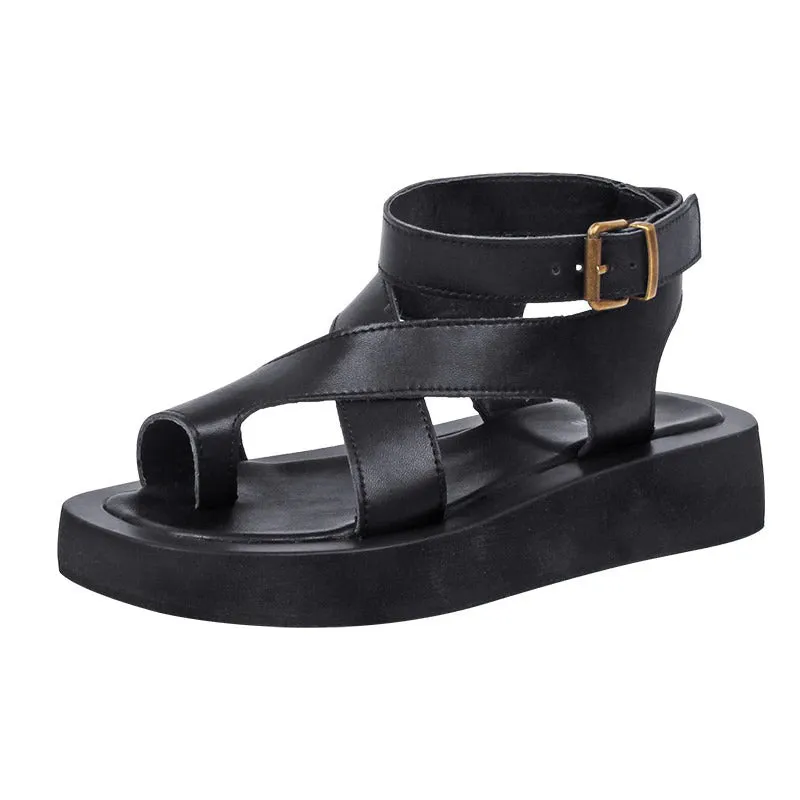 Genuine Leather Single Toe Roman Sandals with Buckle