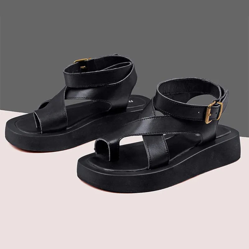 Genuine Leather Single Toe Roman Sandals with Buckle