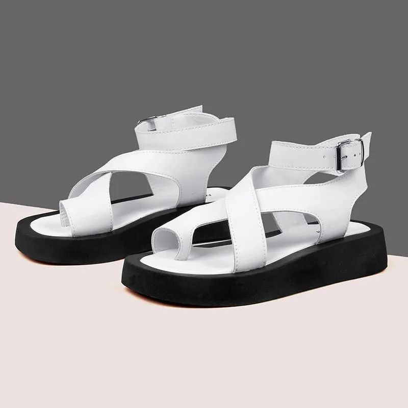 Genuine Leather Single Toe Roman Sandals with Buckle